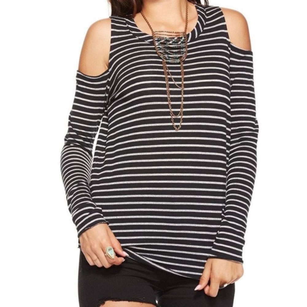 CHASER | Black Silver Striped Cold Shoulder Blouse